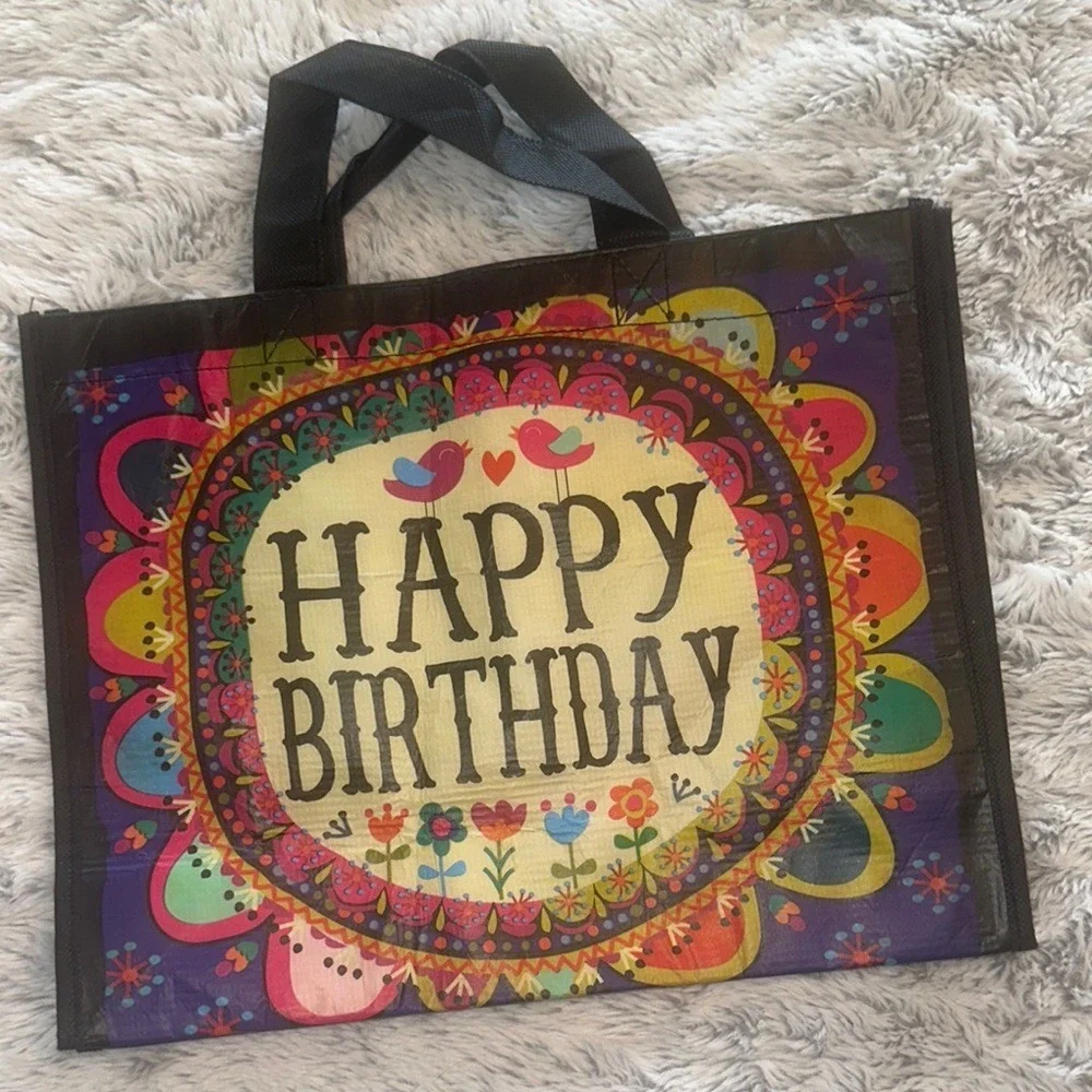 Natural Life Happy Birthday Reusable Gift Bag Boho Floral Birds Recycled Tote